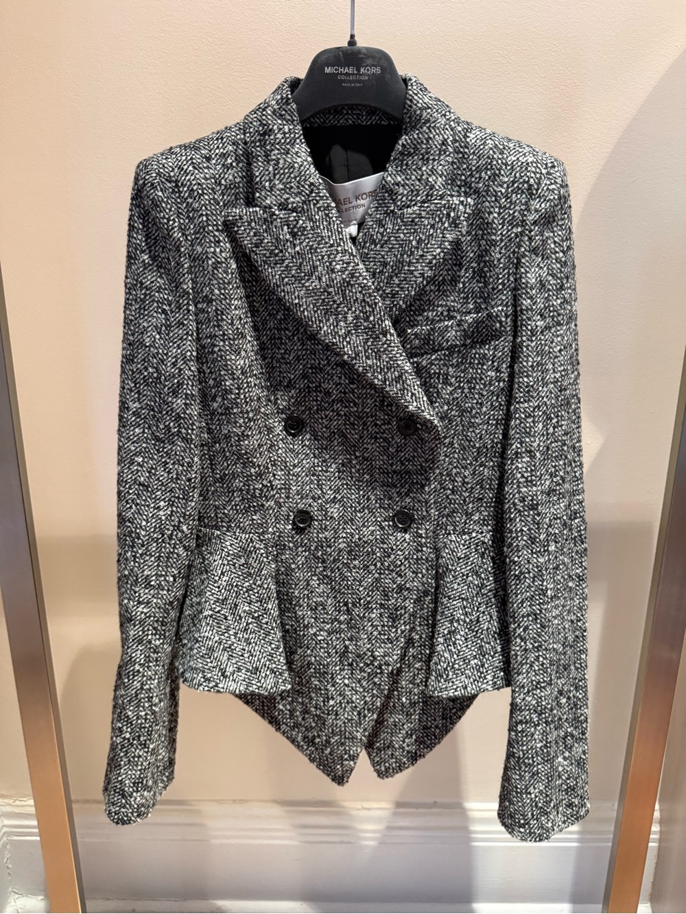 Michael Kors Women's Black & White Herringbone Double-Breasted Peplum Blazer - Picture 1 of 7